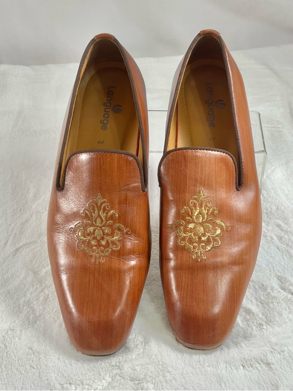 Language Genuine Brown Cognac Leather Slip-on  Loafer Men's SIZE 44 Shoes